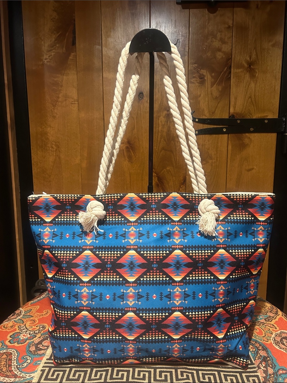 NWT Nativo Blue Aztec-Pattern Rope Handle Tote Bag